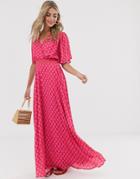 Twisted Wunder Ruched Waist Detail Maxi Dress In Pink And Red Polka Dot - Pink