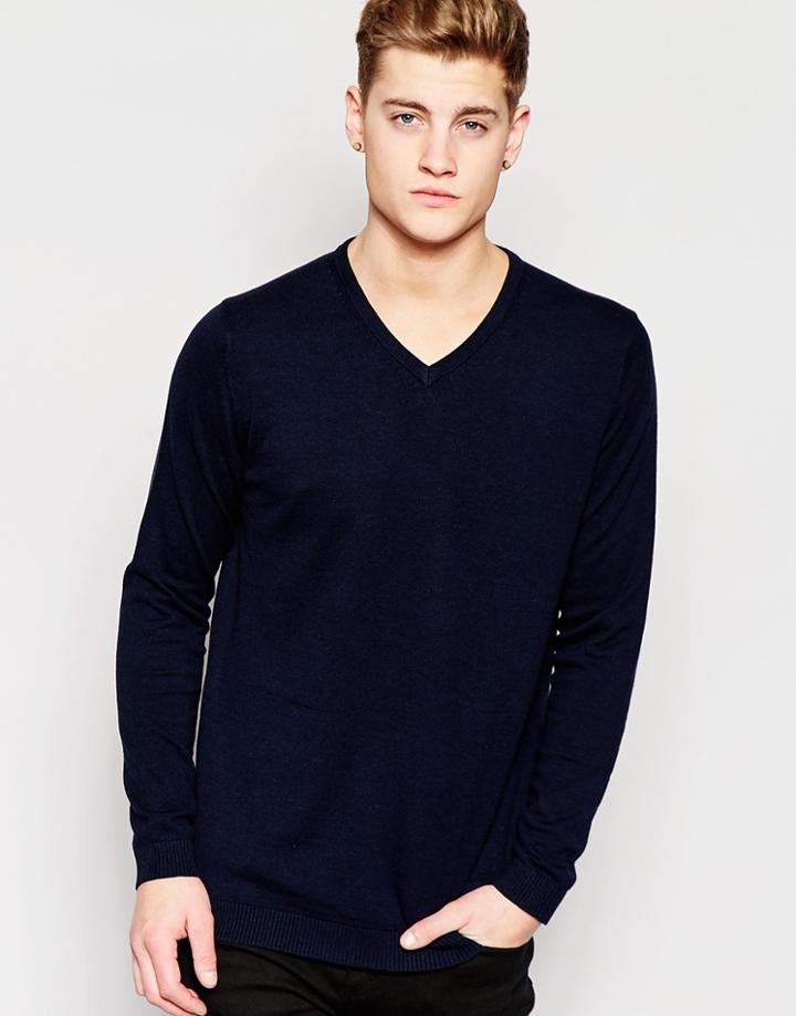 Jack & Jones Premium V Neck Knitted Jumper - Navy
