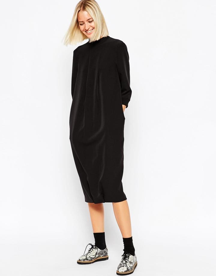 Asos White Midi Dress With Front Pleat Detail - Black