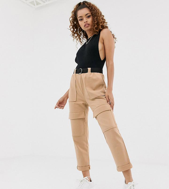 Asos Design Petite Utility Cargo Jogger With Belt-beige