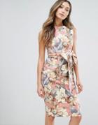 Vesper Midi Pencil Dress In Vintage Floral Print With Ruffle Detail - Pink
