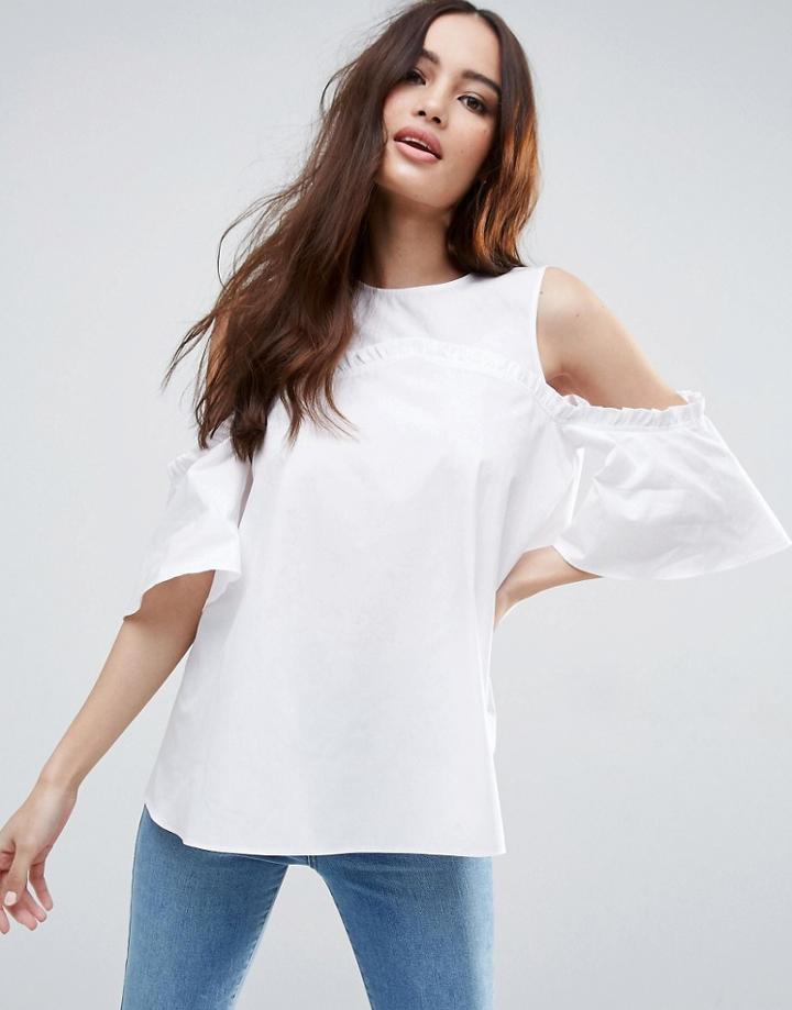 Asos Cotton Swing Top With Cold Shoulder & Ruffle - White