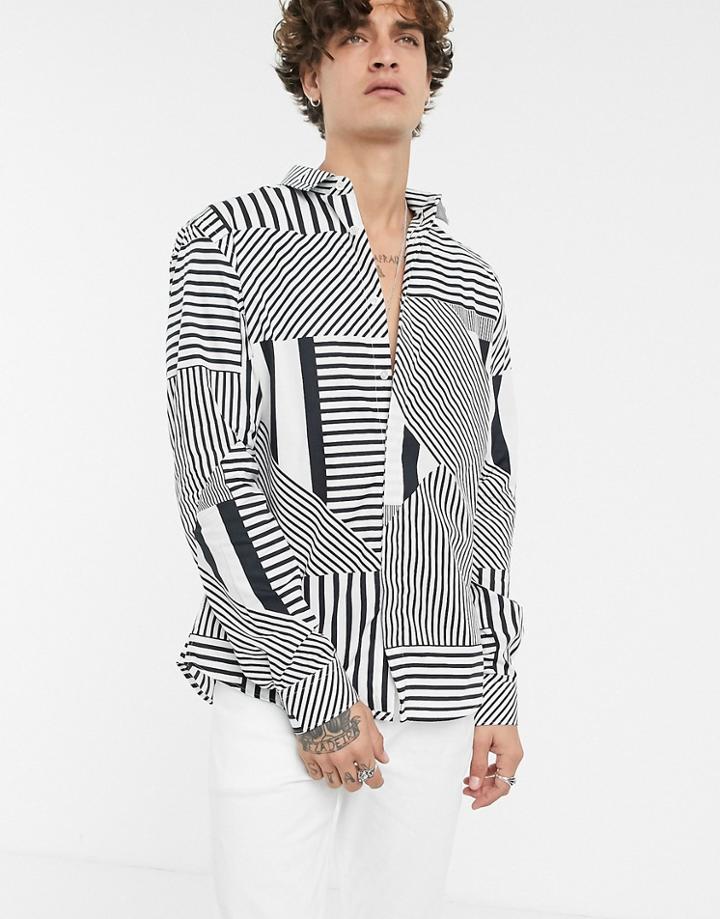 Twisted Tailor Super Skinny Fit Shirt In Mix Direction Stripe-white