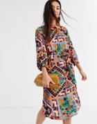 Monki Scarf Print Belted Midi Shirt Dress In Multi