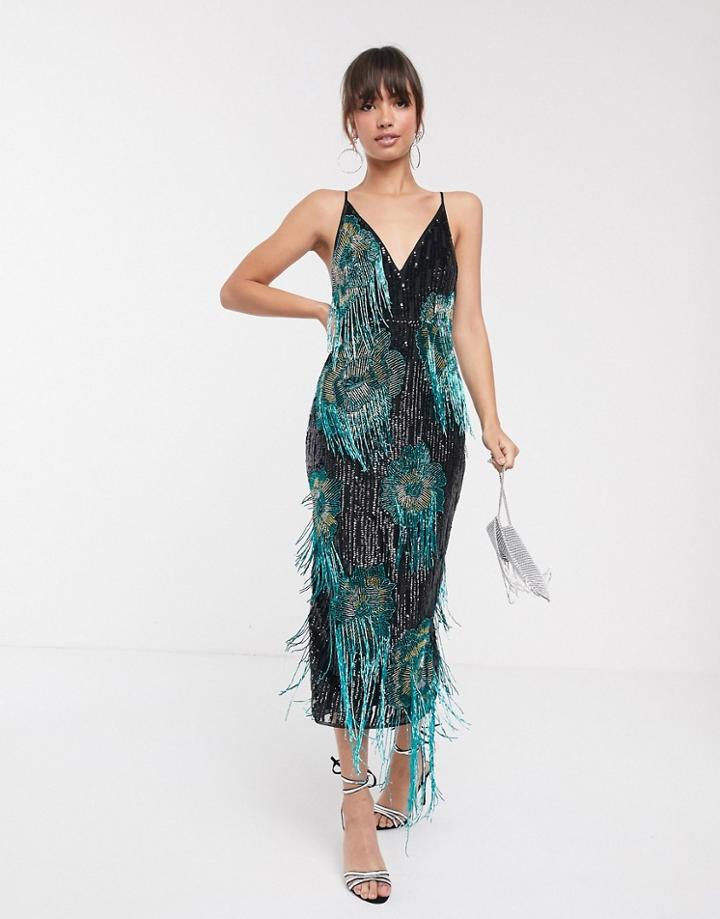 Asos Edition Cami Midi Dress With Floral Fringe-multi