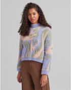 Bershka Retro Print Fluffy Sweater In Multi