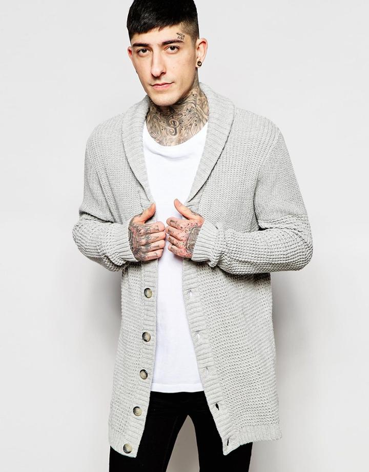 Asos Longline Shawl Neck Cardigan - Light Gray