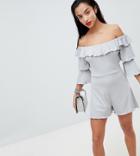 Lost Ink Petite Frill Front Romper With Tiered Sleeves-blue