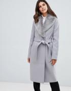 Asos Design Detachable Faux Fur Collar Coat With Tie Belt - Gray