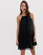 Asos Design Pleated Mini Trapeze Dress With Lace Up Back Detail-black