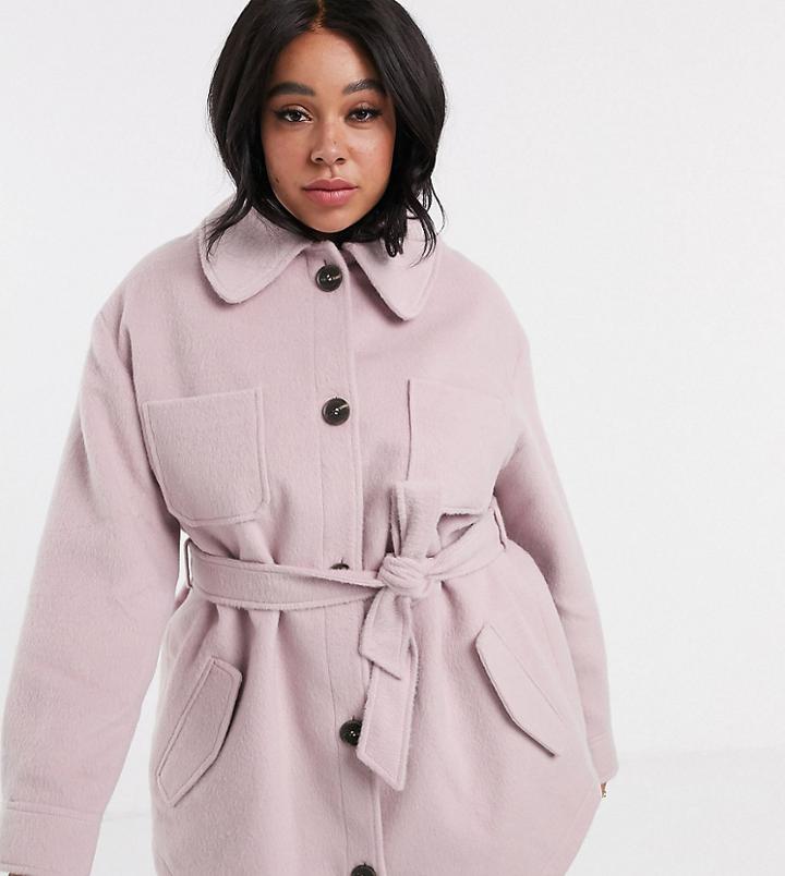 Asos Design Curve Brushed Belted Jacket In Pink