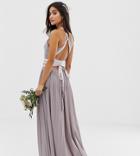 Tfnc Petite Pleated Maxi Bridesmaid Dress With Cross Back And Bow Detail - Gray