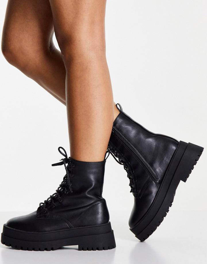 London Rebel Lace Up Chunky Boot In Black