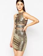 Club L Sequin Mini Dress With Stripe Mesh Inserts - Gold