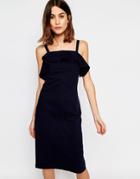 Warehouse Ruffle Front Denim Dress - Dark Blue