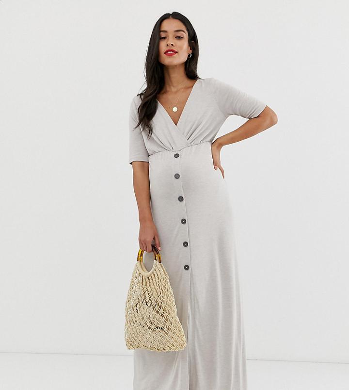 Asos Design Maternity Button Through Wrap Front Maxi Dress-beige