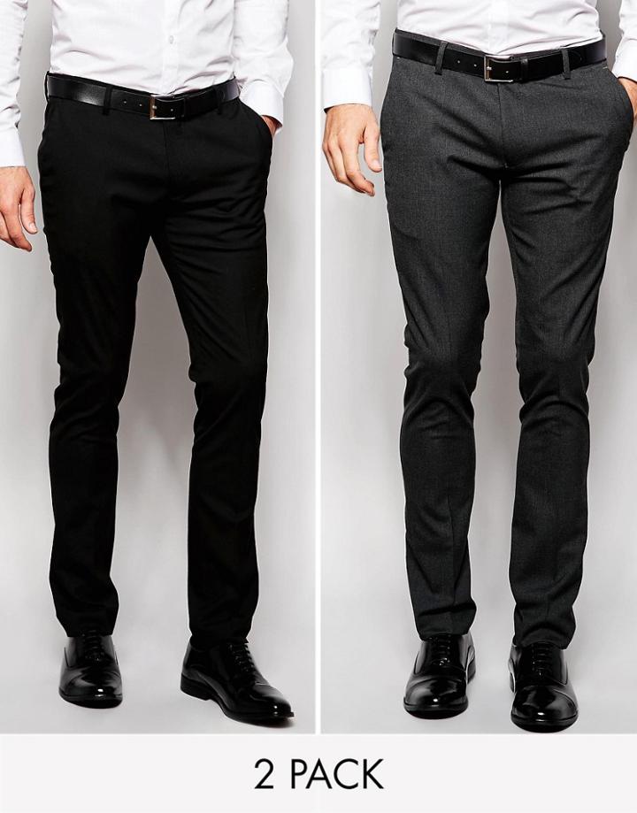 Asos 2 Pack Basic Smart Pants In Super Skinny Save 17% - Multi