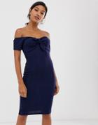 Ax Paris Capped Sleeve Bow Front Midi Bodycon-navy