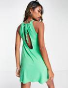 Asos Design Gathered Neck Mini Dress With Open Back In Bright Green