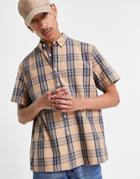 Asos Design Relaxed Shirt In Seersucker Check With Standard Collar-brown