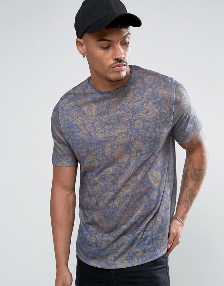 Asos Linen Look T-shirt With All Over Paisley Print - Navy