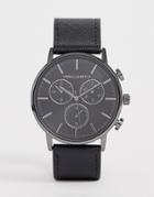 Asos Design Watch In Black With Gunmetal Sub Dials And Saffiano Strap