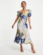 Asos Design Button Through Midi Tea Dress With Drape Shoulder Detail In Mixed Floral Print-multi