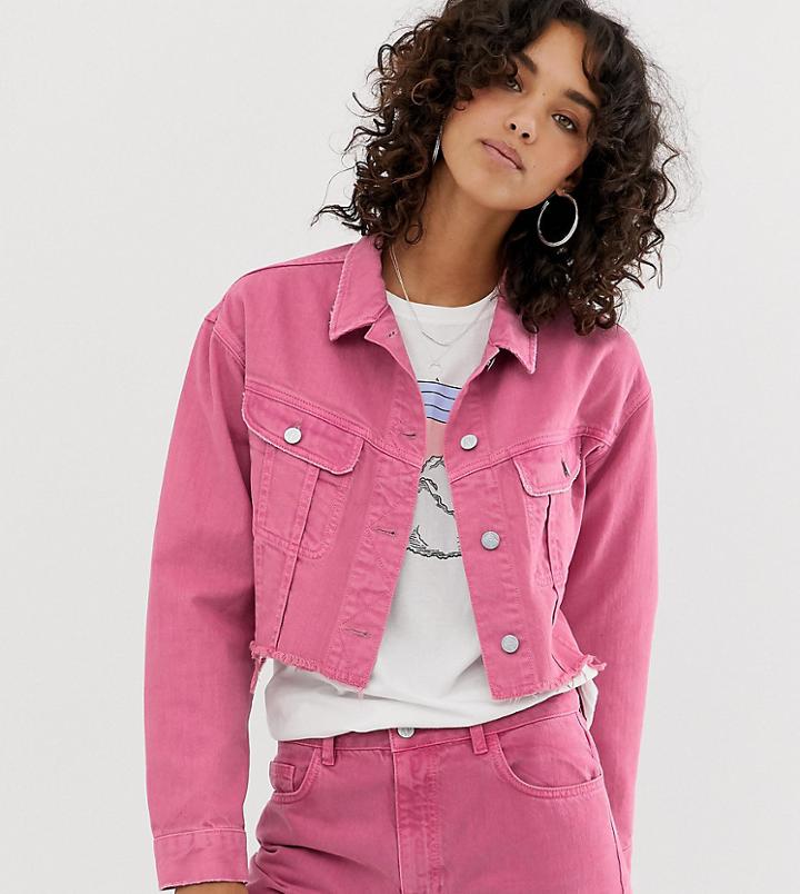 Reclaimed Vintage Inspired Cropped Denim Jacket With Raw Hem In Rose Pink Wash - Pink