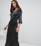 Influence Tall Polka Dot Satin Print Jumpsuit With Tie Waist - Black