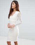 Vesper V Neck Long Sleeve Lace Pencil Dress - Cream