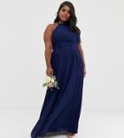 Tfnc Plus Bridesmaid Exclusive High Neck Pleated Maxi Dress In Navy - Navy