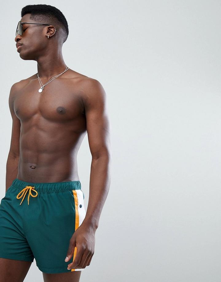 Asos Swim Shorts With Side Poppers In Forest Green In Short Length - Green