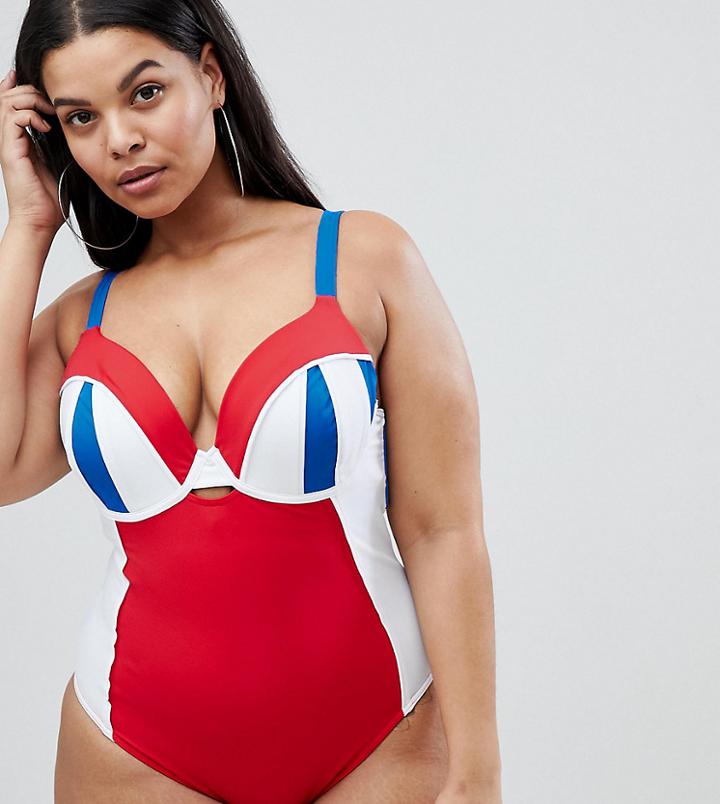 Asos Design Curve Color Block Cupped Underwired Swimsuit - Multi