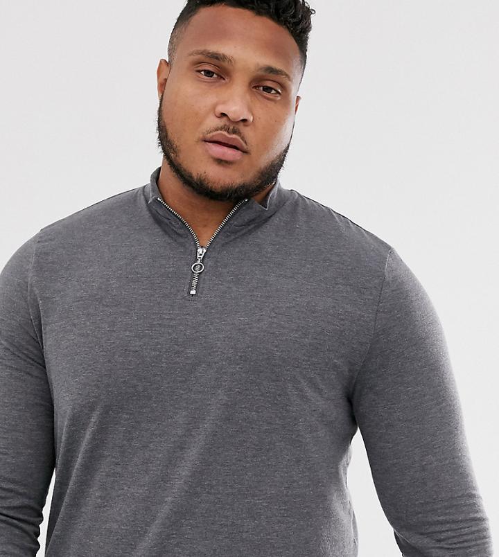 Asos Design Plus Organic Long Sleeve T-shirt With Zip Turtleneck In Charcoal Marl