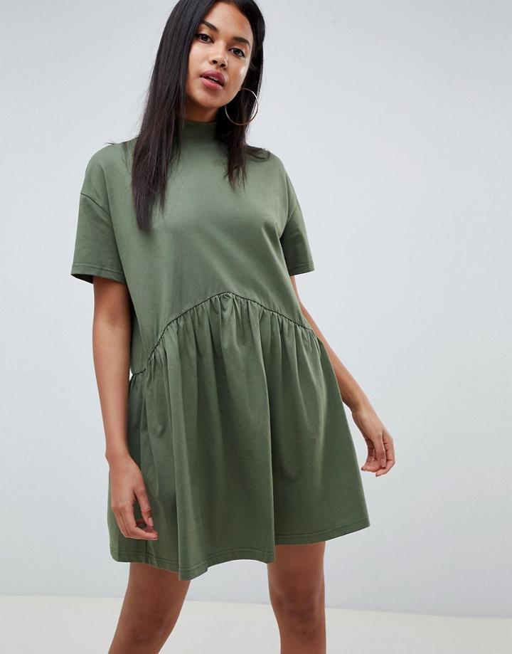 Asos Design Oversized Mini Cotton Smock Dress With High Neck-green