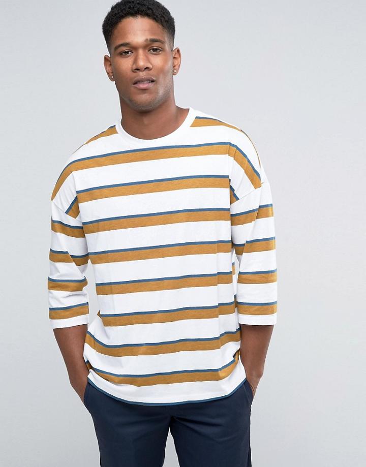 Asos Oversized Stripe 3/4 Sleeve T-shirt - White