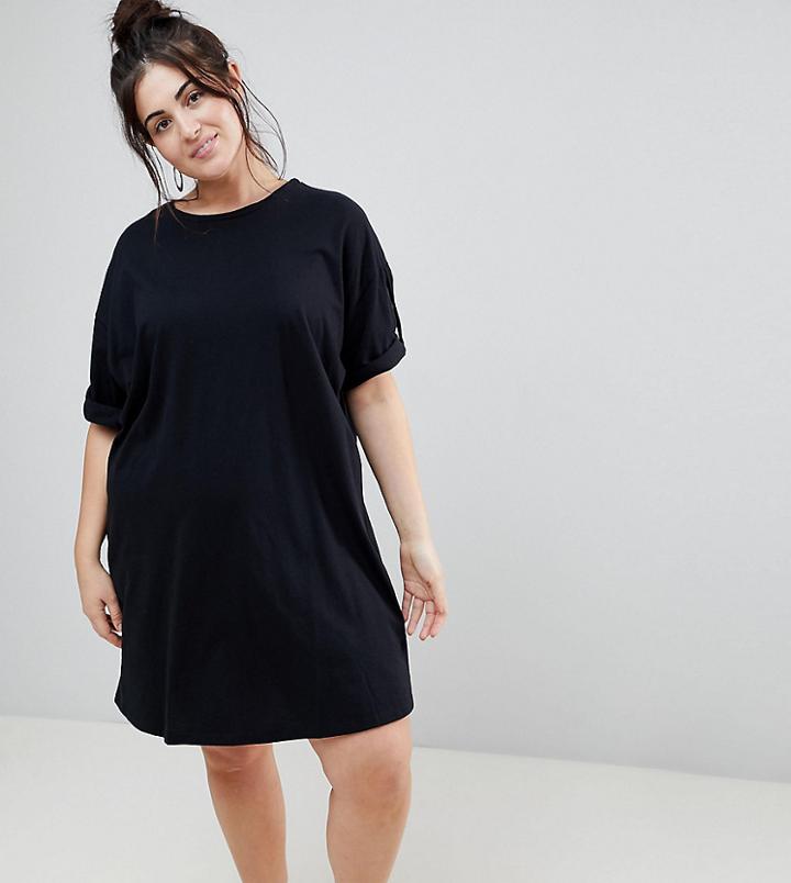 Asos Curve Ultimate Rolled Sleeve T-shirt Dress With Tab - Black