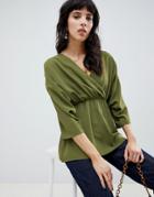 Asos Design Wrap Top With Ruched Sleeves - Green