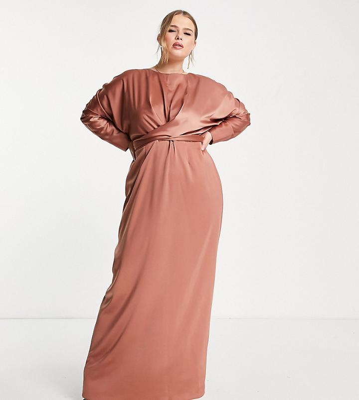 Asos Design Curve Satin Maxi Dress With Batwing Sleeve And Wrap Waist In Mink-pink