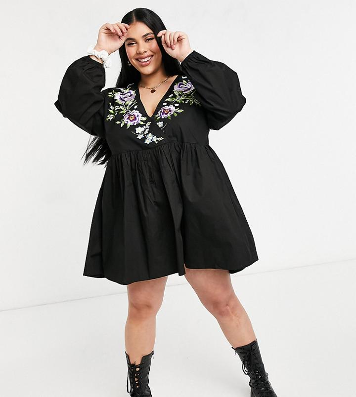 Asos Design Curve Cotton Poplin Wrap Front Mini Dress With Embroidery In Black