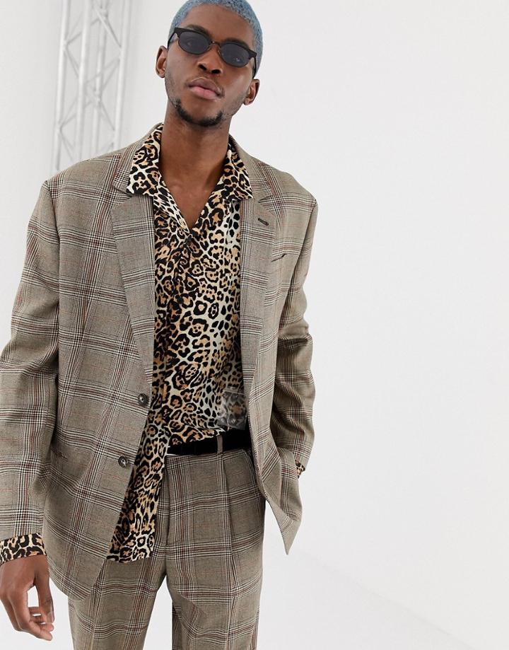 Collusion Oversized Suit Jacket In Brown Windowpane Check - Brown