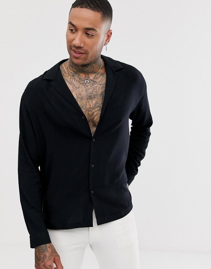Asos Design Oversized Viscose Shirt With Deep Revere Collar In Black - Black