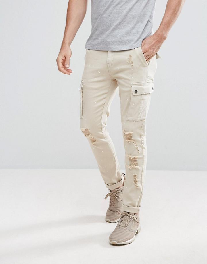 Black Kaviar Skinny Cargo Jeans In Stone With Distressing - Stone