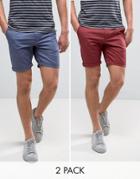 Asos 2 Pack Slim Chino Shorts In Berry & Blue Save - Multi