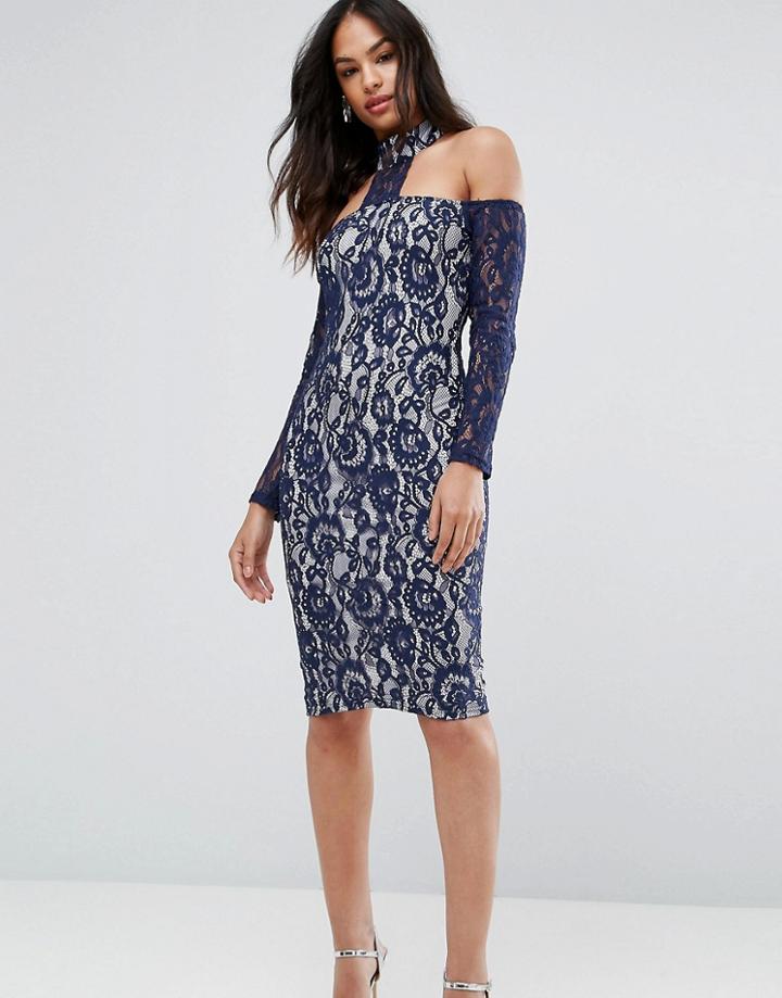 Ax Paris Navy Long Sleeved Bardot Midi Dress - Multi