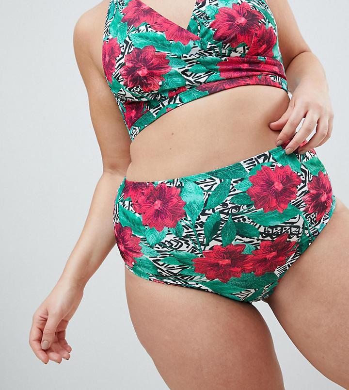 Asos Design Curve Highwaist Bikini Bottom In Tropical Graphic Print - Multi