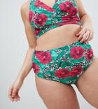 Asos Design Curve Highwaist Bikini Bottom In Tropical Graphic Print - Multi