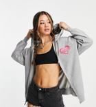 Reclaimed Vintage Inspired Zip Up Hoodie With Pink Heart Logo In Gray-grey