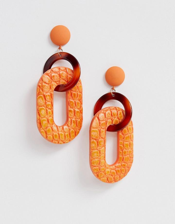 Asos Design Earrings In Linked Open Shape Resin And Faux Leather In Orange - Orange