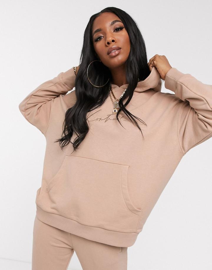 The Couture Club Oversized Hooded Motif Sweat Top In Tan